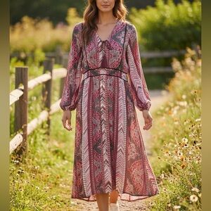 REBA Boho Print Maxi Dress Long Sleeve Tie Front LARGE